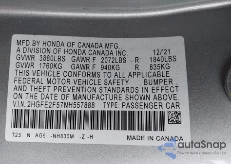 2022 Honda Civic Sport z USA, uszkodzony, nr VIN 2HGFE2F57NH557888